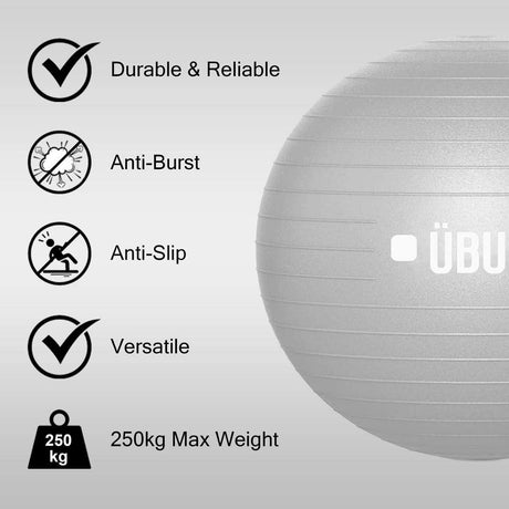 UBUNG Anti Burst Exercise Fitness Ball 65cm Swiss Ball with Pump Non Slip Light Grey