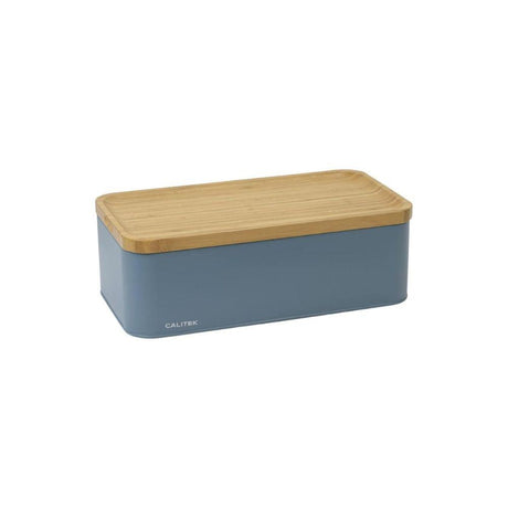 CALITEK Metal Bread Bin Storage Box Container for Kitchen Counter Bamboo Chopping Board Lid Blue