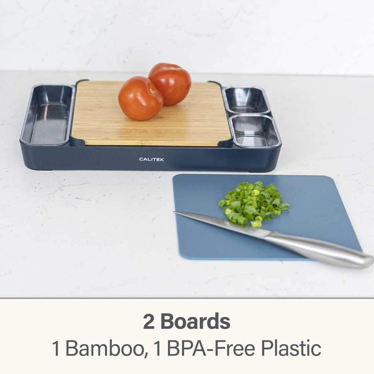 CALITEK Chopping Board Set 1 Bamboo and 1 BPA Free Plastic Cutting Board with Containers and Holder Blue