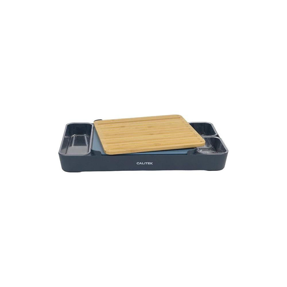 CALITEK Chopping Board Set 1 Bamboo and 1 BPA Free Plastic Cutting Board with Containers and Holder Blue