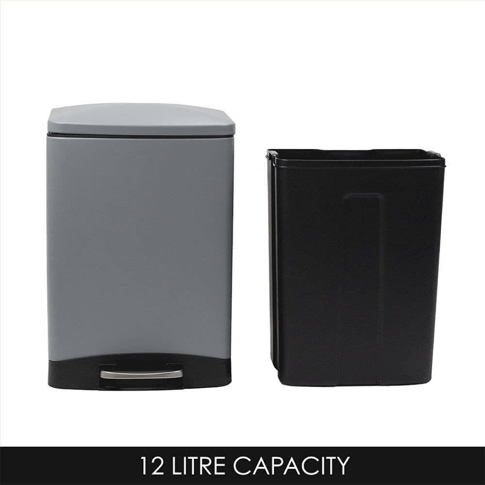 CALITEK 12 Litre Pedal Waste Bin Soft Close Lid and Removable Inner Bucket Hands Free Odour Proof Matt Finish Grey