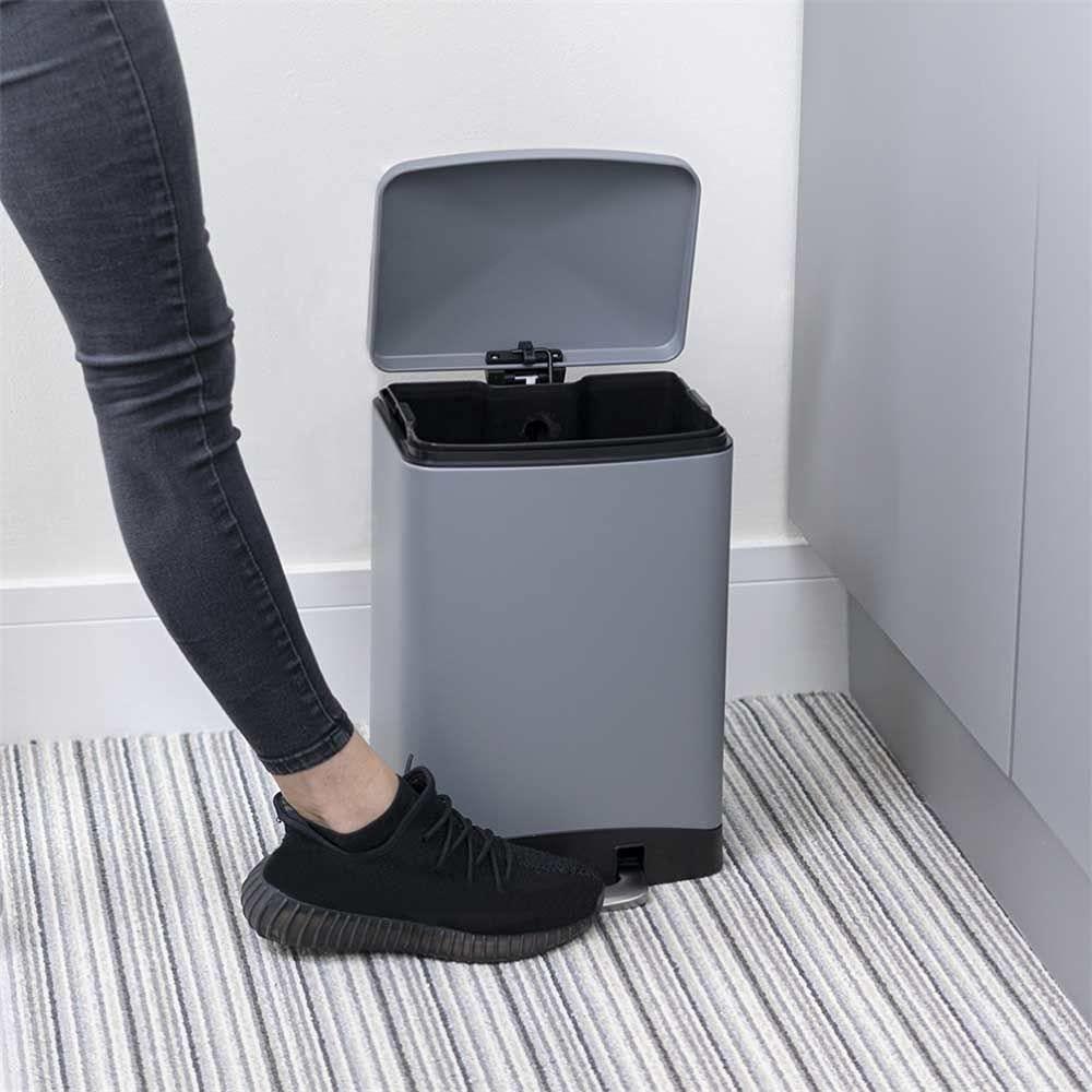 CALITEK 12 Litre Pedal Waste Bin Soft Close Lid and Removable Inner Bucket Hands Free Odour Proof Matt Finish Grey