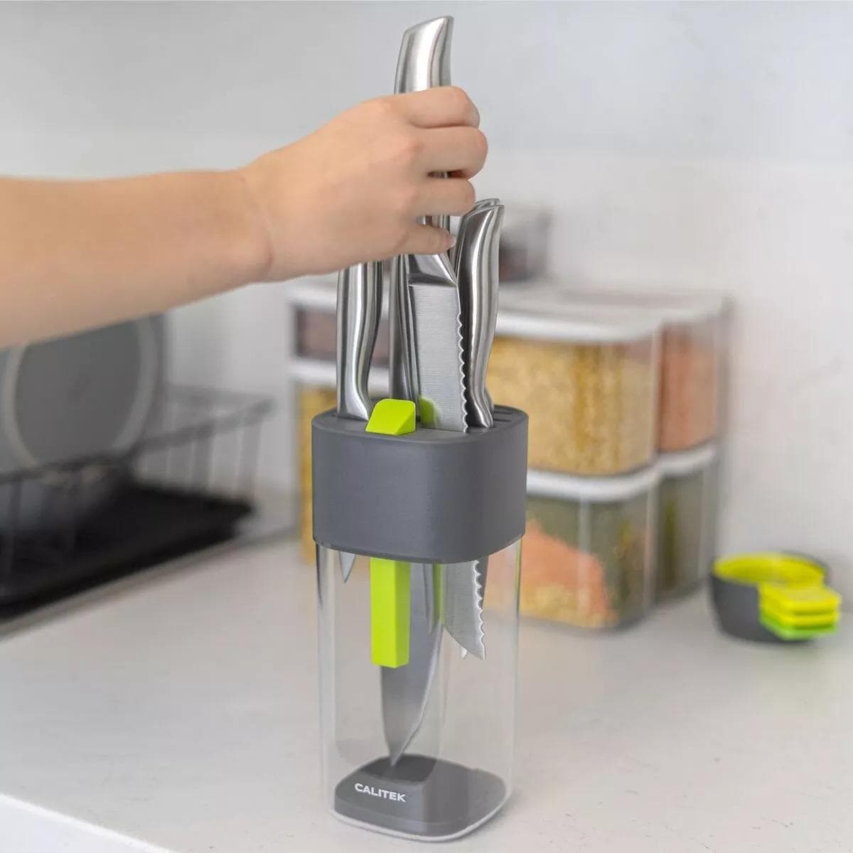 CLICKK Home Store CAL129 CALITEK Knife Block Universal Kitchen Knife Storage Holder Rack with Sharpener Grey/Green