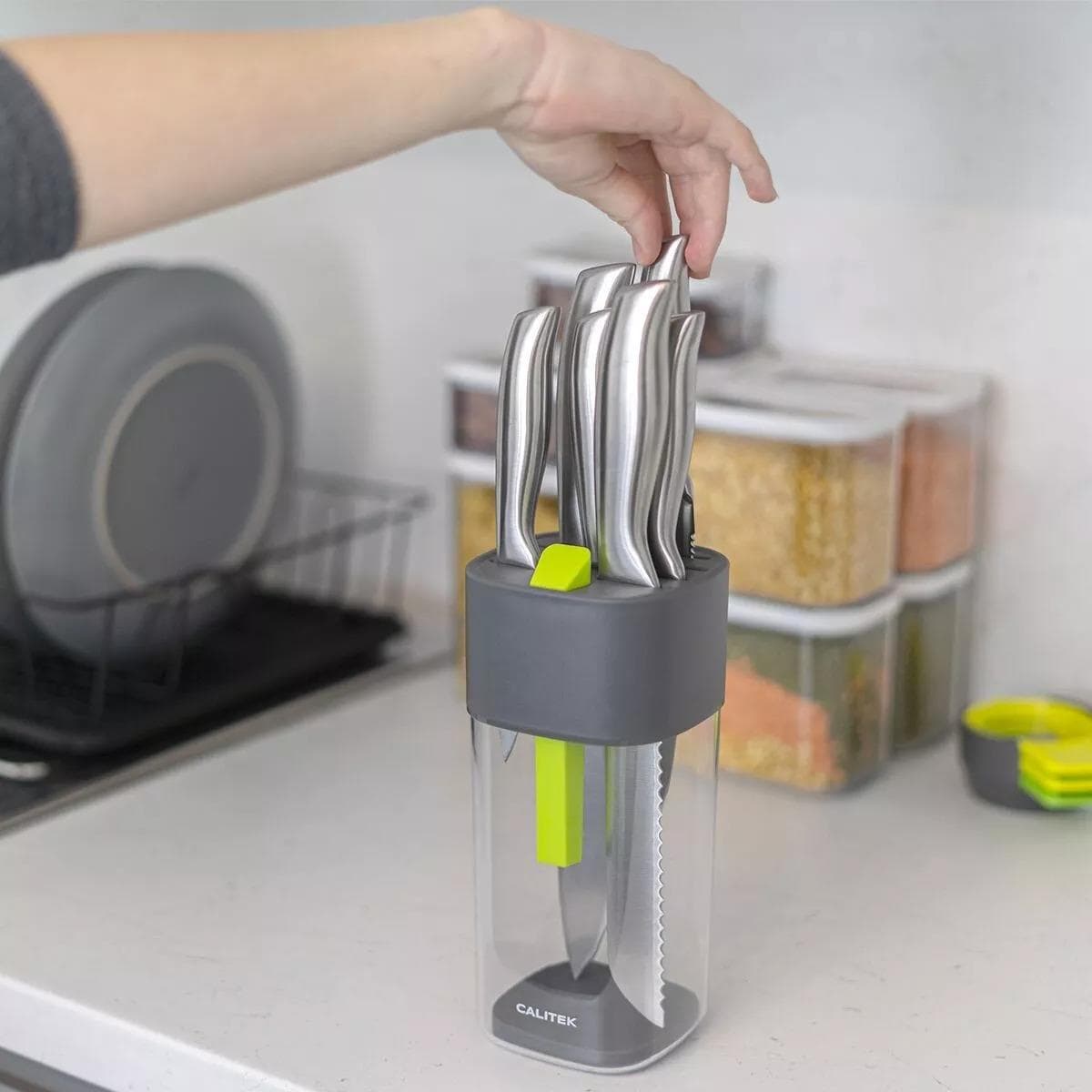 CLICKK Home Store CAL129 CALITEK Knife Block Universal Kitchen Knife Storage Holder Rack with Sharpener Grey/Green