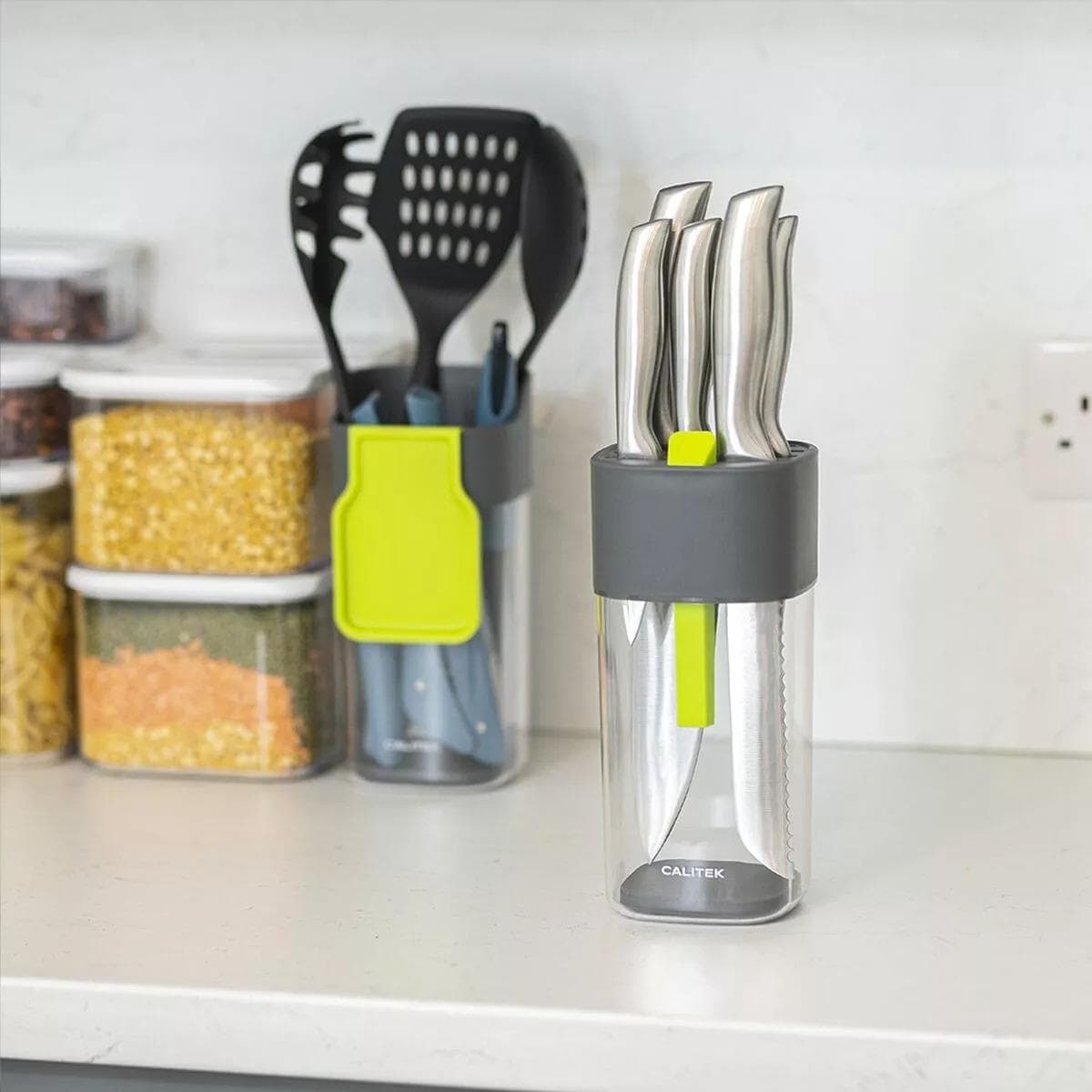 CLICKK Home Store CAL129 CALITEK Knife Block Universal Kitchen Knife Storage Holder Rack with Sharpener Grey/Green