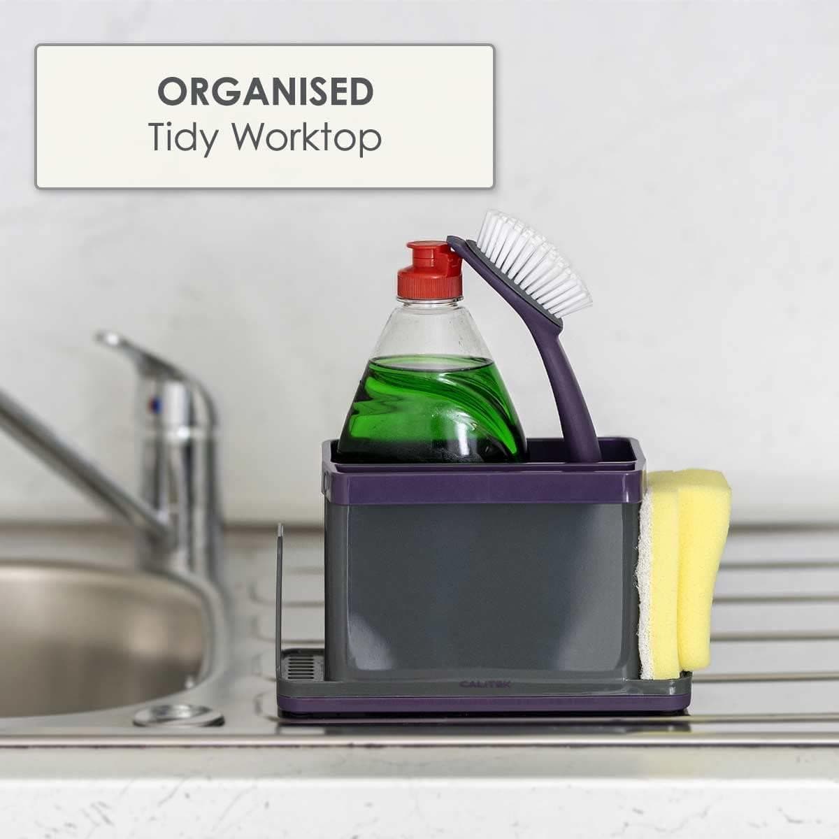 CLICKK Home Store CAL075 CALITEK Sink Caddy Washing Up Organiser for Sponge Brush Storage Tidy with Removable Drip Tray Purple