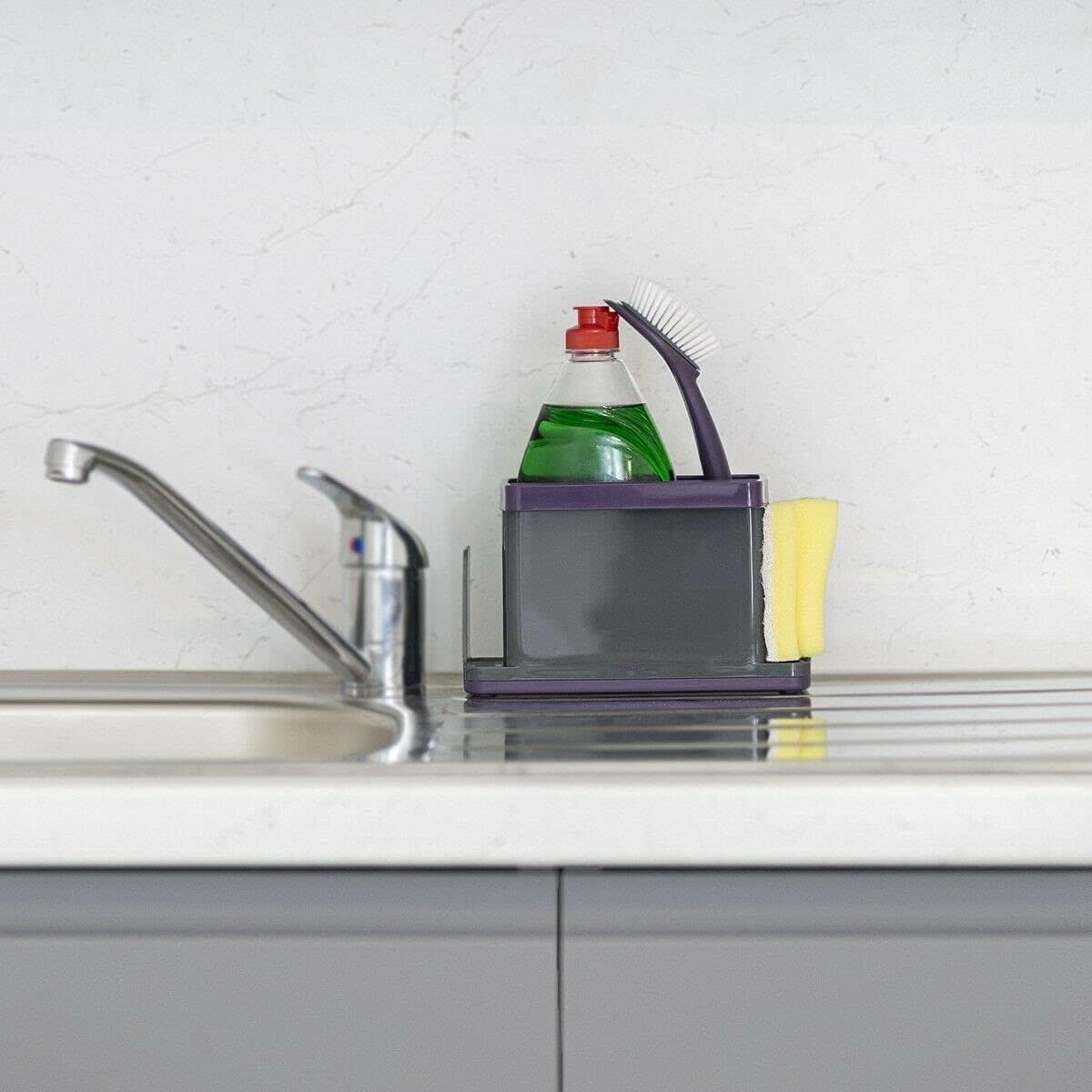 CLICKK Home Store CAL075 CALITEK Sink Caddy Washing Up Organiser for Sponge Brush Storage Tidy with Removable Drip Tray Purple