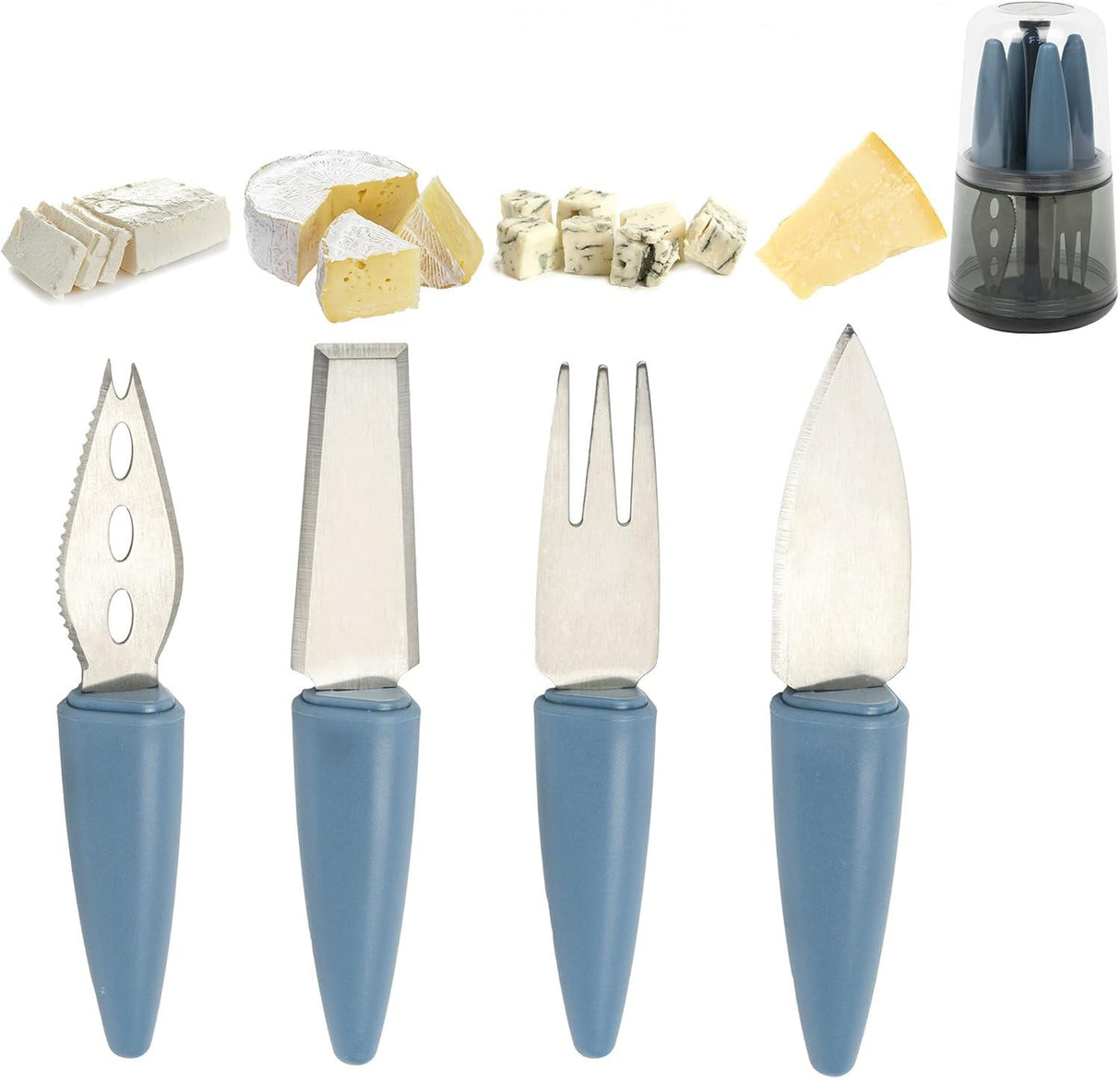 CALITEK 4 Piece Cheese Knife Set with Stand Stainless Steel Blades Dishwasher Safe Blue