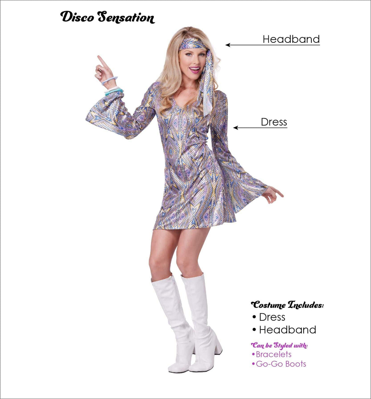 Womens Fancy Dress 01367XL Womens Disco Sensation Retro 70s Hippie Dress & Head Tie - XL